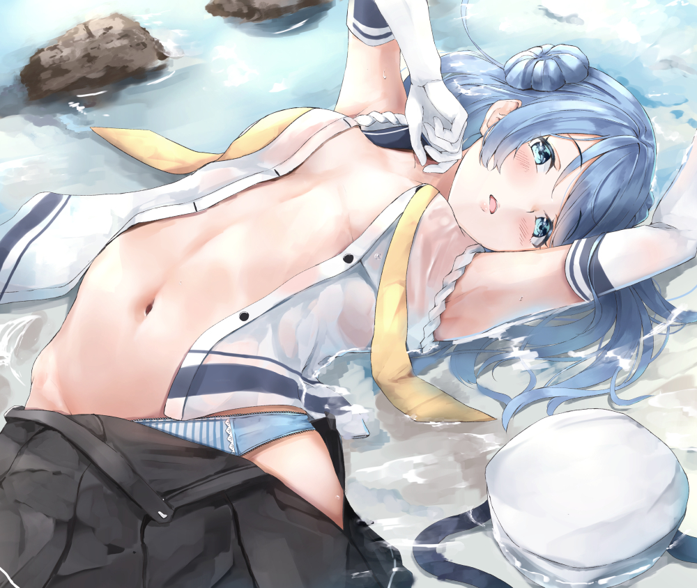 armpits beret blue_eyes blue_hair blue_panties blush come_hither double_bun elbow_gloves eyebrows_visible_through_hair gloves hat hat_removed headwear_removed irohakaede kantai_collection long_hair looking_at_viewer navel neckerchief no_bra open_clothes open_mouth panties partially_submerged pleated_skirt rock sailor_hat school_uniform serafuku skirt sleeves_rolled_up solo underwear undressing urakaze_(kantai_collection) water wet wet_clothes white_gloves white_hat yellow_neckwear