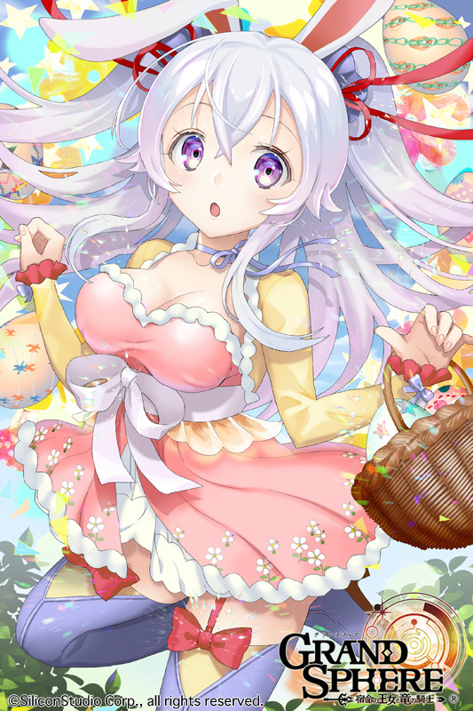 animal_ears basket blue_legwear blue_sky bow breasts bunny_ears chestnut_mouth cleavage copyright_name cowboy_shot day easter_egg egg garter_straps grand_sphere kuroi large_breasts official_art original outdoors pink_skirt purple_eyes red_bow red_ribbon ribbon silver_hair skirt sky standing standing_on_one_leg watermark white_bow