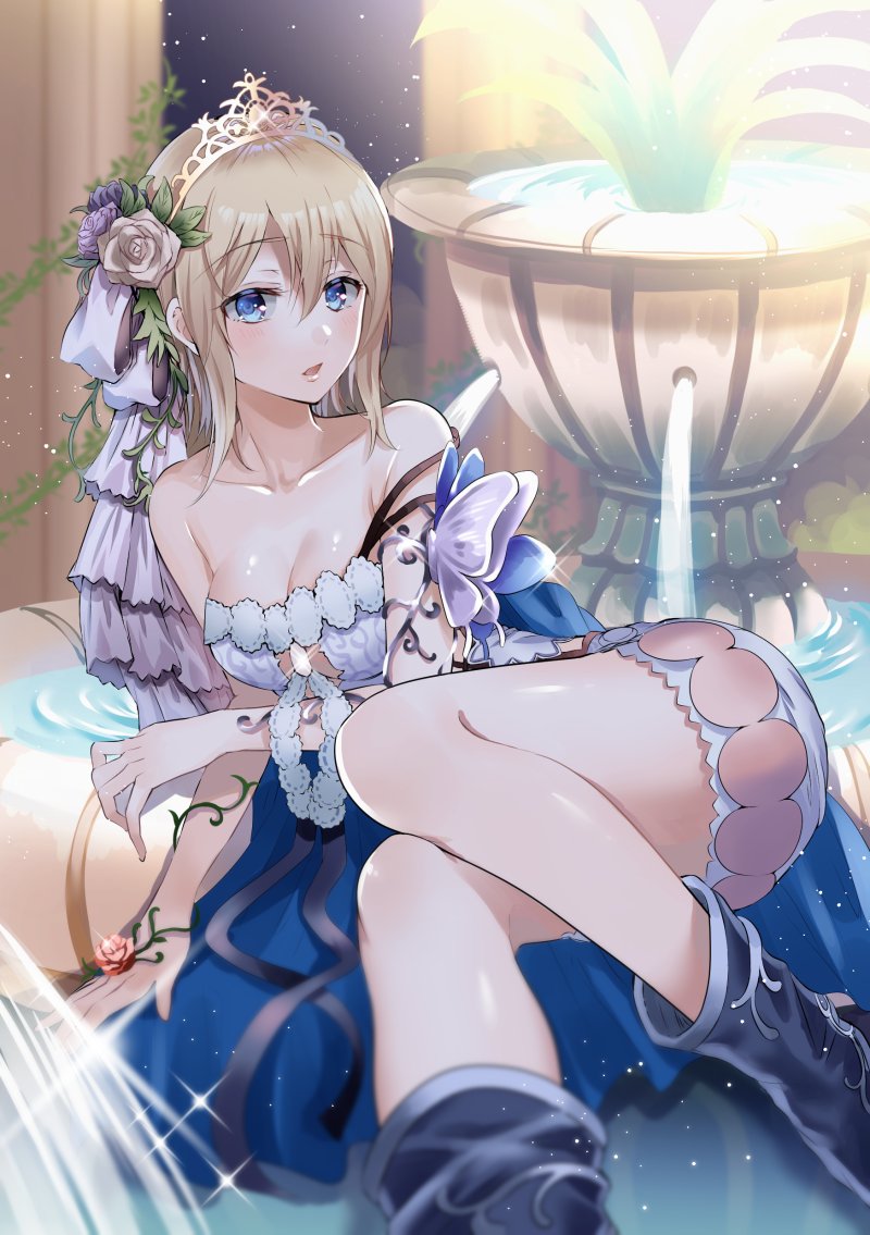 blonde_hair blue_eyes breasts bug butterfly cape cleavage collarbone commentary_request dress europa_(granblue_fantasy) eyebrows_visible_through_hair flower fountain granblue_fantasy hair_flower hair_ornament insect lying myusha on_side short_dress short_hair sleeveless sleeveless_dress thighs tiara water white_dress