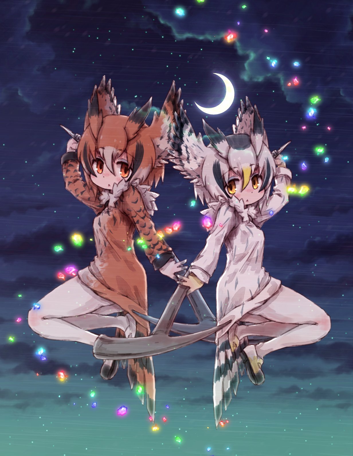 :&lt; back-to-back bangs bird_tail bird_wings black_footwear black_gloves black_hair blonde_hair blush breasts brown_coat brown_hair closed_mouth cloud cloudy_sky coat crescent_moon eurasian_eagle_owl_(kemono_friends) eyebrows eyebrows_visible_through_hair feather_print feathered_wings feathers frown full_body fur_collar gloves hair_between_eyes head_wings highres holding kemono_friends kolshica long_sleeves looking_at_viewer mary_janes midair moon multicolored multicolored_clothes multicolored_coat multicolored_footwear multicolored_gloves multicolored_hair multiple_girls night night_sky northern_white-faced_owl_(kemono_friends) orange_eyes outdoors pantyhose pickaxe sandstar shoes short_hair sky small_breasts star_(sky) starry_sky tail tareme white_coat white_footwear white_gloves white_hair white_legwear wings yellow_eyes yellow_footwear yellow_gloves