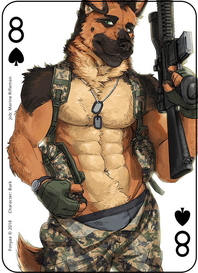 2018 4_fingers abs anthro black_fur black_nose brown_fur camo canine card clothed clothing dog dog_tags fingerless_gloves fonyaa fur german_shepherd gloves green_eyes gun looking_at_viewer male mammal navel pants partially_clothed playing_card pouches ranged_weapon rifle simple_background solo standing tan_fur topless underwear uniform weapon white_background wristwatch