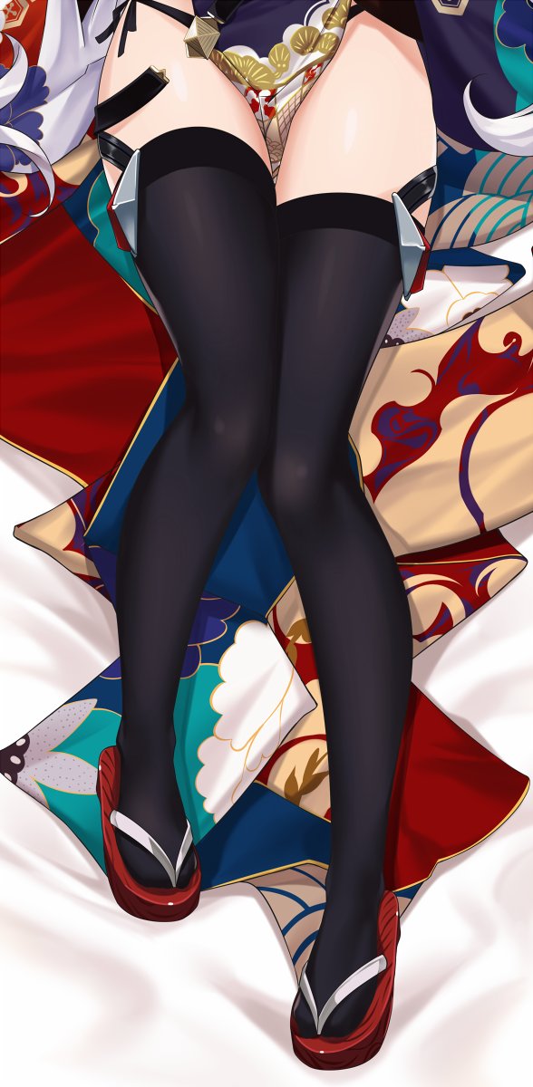 azur_lane black_legwear commentary_request dakimakura highres long_hair lower_body lying on_back out_of_frame panties prinz_eugen_(azur_lane) side-tie_panties solo thighhighs tony_guisado traditional_clothes underwear white_hair