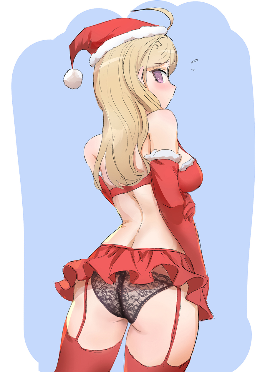 akamatsu_kaede arm_grab ass back beamed_eighth_notes black_panties blonde_hair blue_background blush bra breasts closed_mouth commentary cowboy_shot danganronpa elbow_gloves english_commentary flying_sweatdrops frilled_skirt frills from_behind garter_straps gloves hat highres lace lace-trimmed_panties lace_panties light_frown long_hair looking_at_viewer looking_back medium_breasts microskirt musical_note musical_note_hair_ornament new_danganronpa_v3 panties purple_eyes qosic red_bra red_gloves red_hat red_legwear red_skirt santa_costume santa_hat skirt solo standing underwear