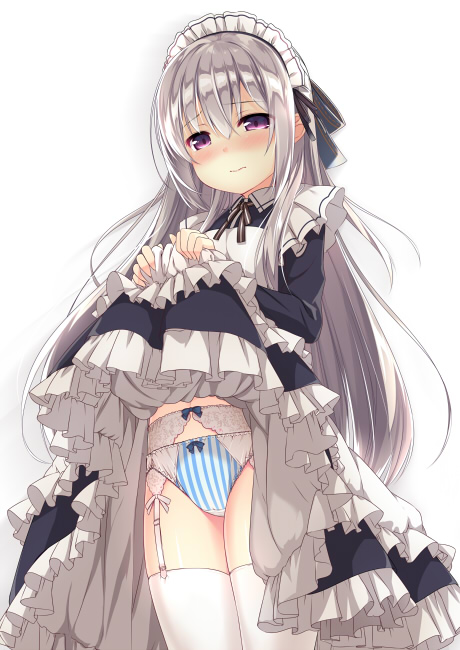 3: apron bangs black_dress blue_bow blush bow bow_panties closed_mouth commentary_request cowboy_shot dress dress_lift eyebrows_visible_through_hair frilled_dress frills garter_belt hair_between_eyes lifted_by_self long_hair long_sleeves looking_at_viewer maid maid_apron maid_headdress nose_blush original panties panties_over_garter_belt purple_eyes shiny shiny_hair silver_hair simple_background solo striped thighhighs underwear usume_shirou vertical-striped_panties vertical_stripes very_long_hair white_apron white_background white_legwear