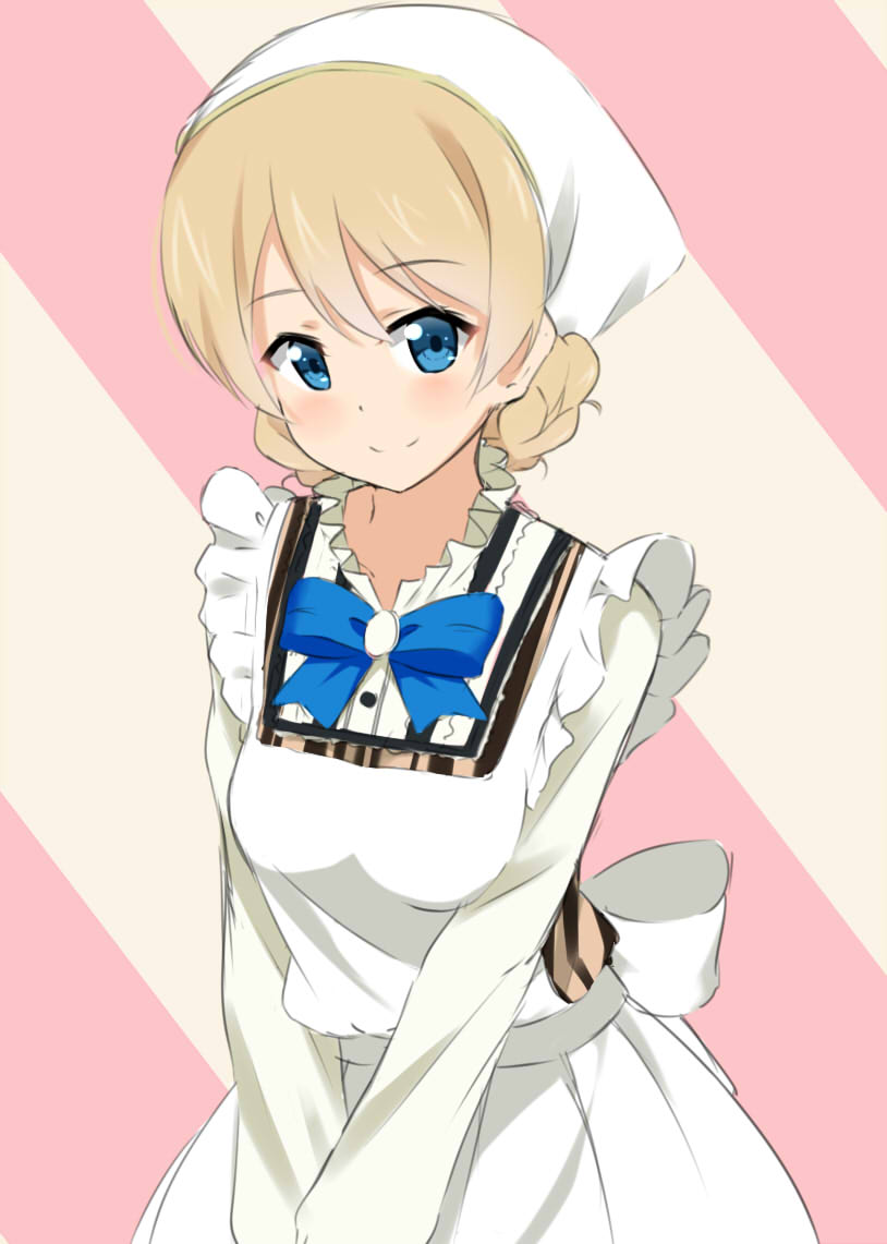 apron bandana bangs blonde_hair blue_bow blue_eyes blush bow braid brooch closed_mouth commentary darjeeling diagonal-striped_background diagonal_stripes dress frilled_apron frilled_shirt frills girls_und_panzer jewelry kohakope long_sleeves looking_at_viewer maid_apron pink_background shirt short_hair smile solo standing striped striped_background tied_hair twin_braids upper_body v_arms white_apron white_dress