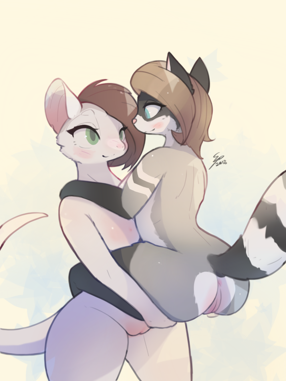 2018 anthro blush breasts ceilas duo electrycpynk female female/female flat_chested hair holding_character mammal marsupial nude opossum procyonid pussy raccoon reis_(nukepone) signature small_breasts smile standing