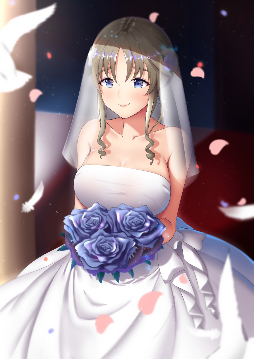 bird blue_eyes blue_flower blue_rose blurry bouquet breasts bridal_veil bride brown_hair commentary_request darling_in_the_franxx dearonnus depth_of_field dove dress feathers flower highres kokoro_(darling_in_the_franxx) large_breasts long_hair petals rose smile solo spoilers strapless strapless_dress veil wedding_dress white_dress