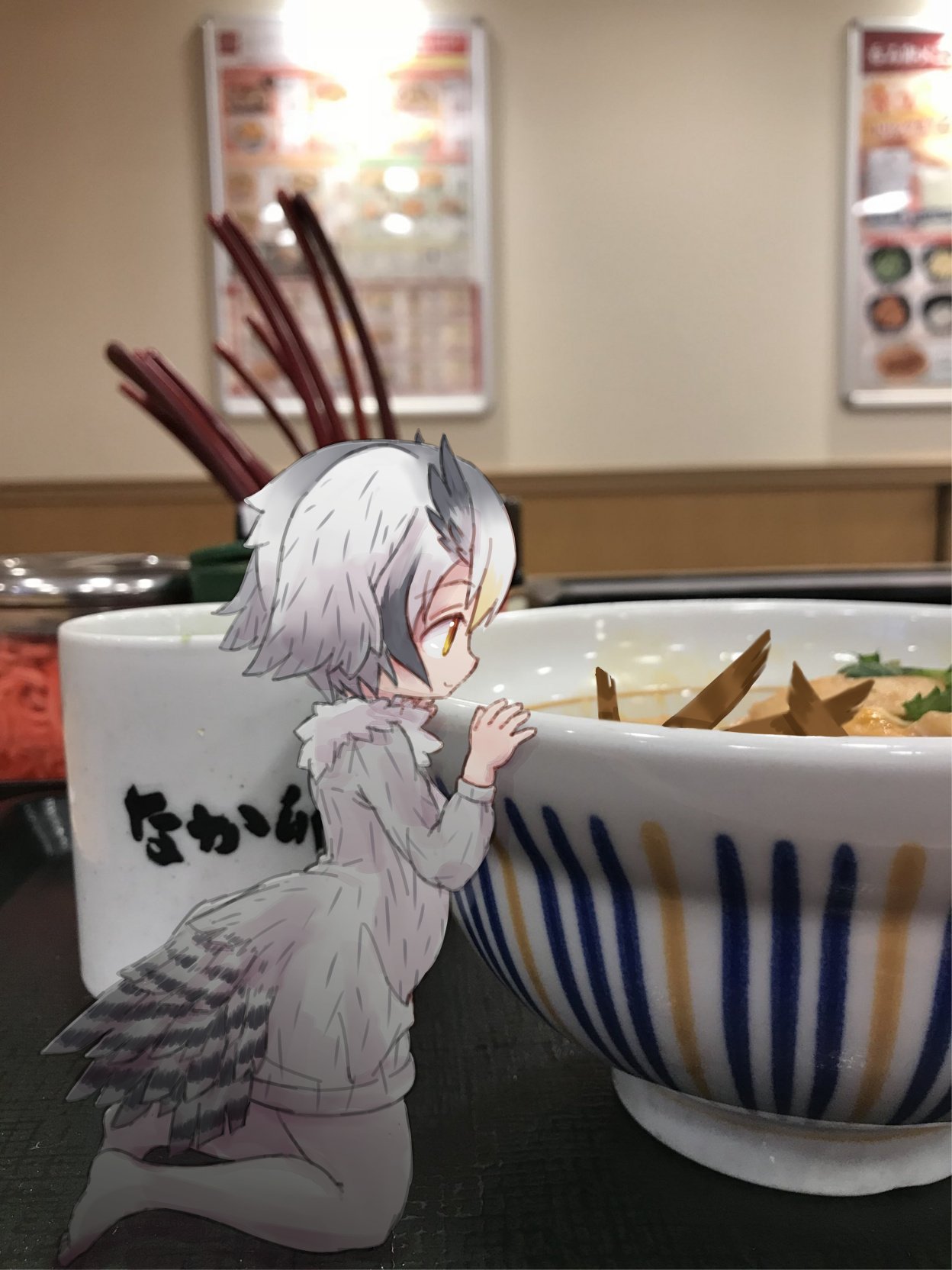 bangs bird_tail bird_wings black_hair blonde_hair bowl closed_mouth coat cup donburi eyebrows eyebrows_visible_through_hair feathered_wings feathers food from_side full_body fur_collar grey_coat grey_legwear hair_between_eyes head_wings highres kemono_friends kneeling kolshica long_sleeves minigirl multicolored_hair nakau no_shoes northern_white-faced_owl_(kemono_friends) oyakodon pantyhose photo_background restaurant short_hair sideways_mouth smile solo tail tareme white_hair wings yellow_eyes