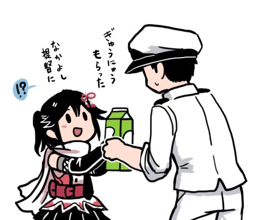 1boy 1girl :d admiral_(kantai_collection) black_hair blush commentary from_behind hat kantai_collection looking_at_another lowres open_mouth peaked_cap remodel_(kantai_collection) scarf sendai_(kantai_collection) side_ponytail simple_background sleeves_rolled_up smile solid_oval_eyes terrajin translated white_background