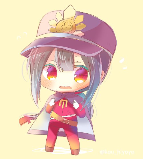 bangs black_cape black_footwear black_hair black_hat blush cape chibi commentary_request family_crest fate/grand_order fate_(series) full_body gloves hair_between_eyes hat jacket koha-ace kouu_hiyoyo long_hair long_sleeves looking_at_viewer male_focus military_hat oda_nobukatsu_(fate/grand_order) oda_uri open_mouth pants peaked_cap red_eyes red_jacket red_pants sidelocks solo standing sweat twitter_username very_long_hair wavy_mouth white_gloves yellow_background