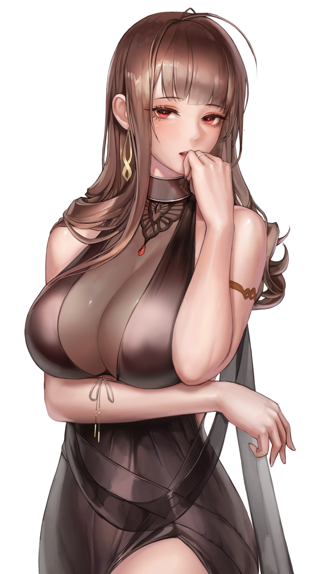 ahoge alternate_costume arm_under_breasts armlet bangs bare_arms blush breast_hold breasts brown_hair choker cleavage cowboy_shot dress dsr-50_(girls_frontline) earrings gem girls_frontline hand_to_own_mouth jewelry large_breasts long_hair looking_at_viewer monaim open_mouth pendant red_eyes ring see-through simple_background sleeveless sleeveless_dress solo standing wedding_band white_background