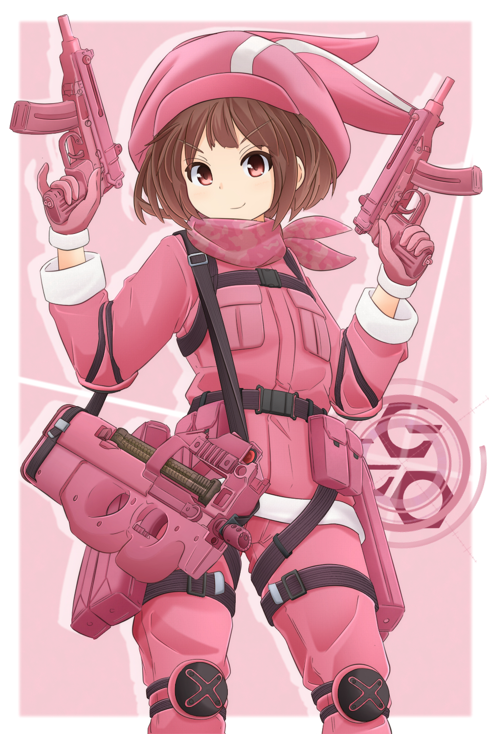 animal_ears animal_hat bangs belt brown_hair bullpup bunny_ears closed_mouth commentary_request cowboy_shot dual_wielding elbow_pads emblem eyebrows_visible_through_hair gloves gun hat highres holding ichigotofu jacket knee_pads llenn_(sao) long_hair looking_at_another looking_at_viewer outside_border p-chan_(p-90) p90 pants pink_background pink_bandana pink_gloves pink_hat pink_jacket pinky_out short_hair skorpion_vz._61 smirk standing submachine_gun sword_art_online sword_art_online_alternative:_gun_gale_online tactical_clothes trigger_discipline utility_belt v-shaped_eyebrows weapon