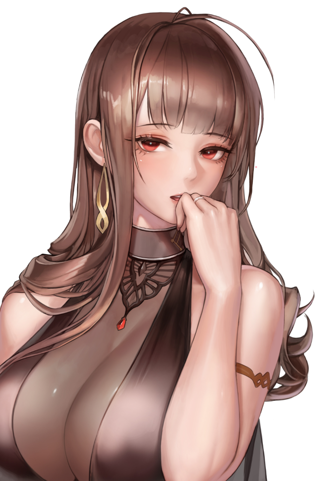 ahoge alternate_costume armlet bangs blush breasts brown_hair choker cleavage dress dsr-50_(girls_frontline) earrings gem girls_frontline hand_to_own_mouth jewelry large_breasts long_hair looking_at_viewer monaim open_mouth pendant red_eyes ring see-through simple_background sleeveless sleeveless_dress solo upper_body wedding_band white_background