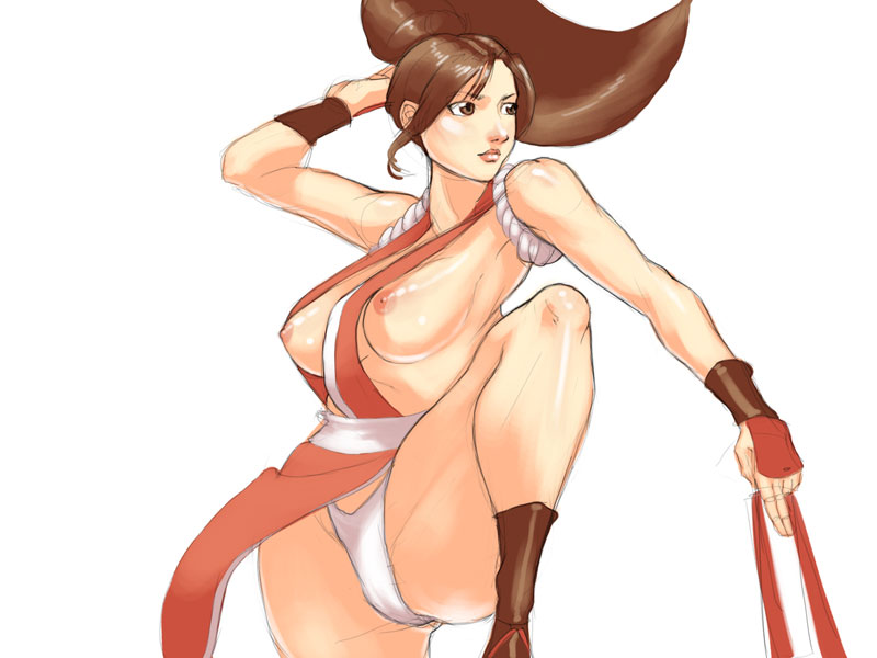 artist_request breasts brown_eyes brown_hair king_of_fighters leg_lift mai_shiranui nipples panties shiranui_mai simple_background snk underwear