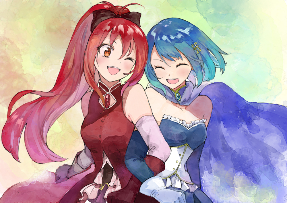 :d ;d ^_^ bare_shoulders black_bow blue_cape blue_hair blush bow cape closed_eyes collarbone commentary_request corset dress elbow_gloves fortissimo fortissimo_hair_ornament frilled_shirt frills gloves hair_between_eyes hair_bow hair_ornament hairclip kanimiso_(user_cnb0218) locked_arms long_hair magical_girl mahou_shoujo_madoka_magica miki_sayaka multiple_girls one_eye_closed open_mouth ponytail red_dress red_eyes red_hair sakura_kyouko shirt short_hair smile soul_gem upper_body