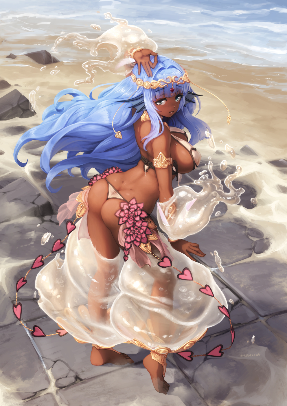 anklet apsara_(monster_girl_encyclopedia) arched_back arm_up armlet artist_name ass bangs barbariank bare_shoulders barefoot beach blue_hair blunt_bangs breasts butt_crack commentary dancer dancing dark_skin diadem dimples_of_venus dirty_feet english_commentary eyebrows_visible_through_hair full_body green_eyes head_fins heart highres jewelry large_breasts liquid_clothes long_hair looking_at_viewer monster_girl_encyclopedia ocean outdoors sand sideboob solo very_long_hair water