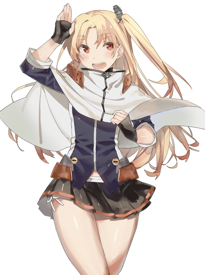 :d azur_lane bangs black_gloves blonde_hair blue_shirt capelet cleveland_(azur_lane) cowboy_shot eyebrows eyebrows_visible_through_hair eyes_visible_through_hair fingerless_gloves gloves hair_between_eyes hair_intakes hair_ornament hand_up legs_together long_hair long_sleeves looking_away looking_up miniskirt one_side_up open_mouth panties pleated_skirt red_eyes ribbon shirotae_moyashi shirt side-tie_panties simple_background skirt smile solo straight_hair teeth tongue turtleneck underwear white_background white_capelet white_ribbon