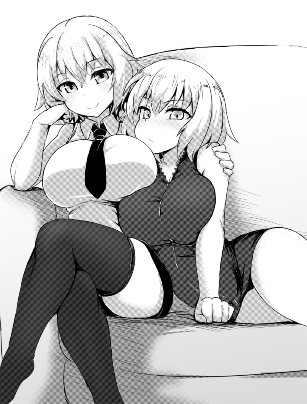 arm_around_shoulder arm_support bangs breasts chin_rest closed_mouth collared_shirt commentary couch crossed_legs dress dress_tug elbow_rest eyebrows_visible_through_hair fate/grand_order fate_(series) frown highres jeanne_d'arc_(alter)_(fate) jeanne_d'arc_(fate) jeanne_d'arc_(fate)_(all) large_breasts lying medium_hair microdress miniskirt multiple_girls necktie on_side pencil_skirt shanaharuhi shirt sitting skirt smile thighhighs wing_collar zipper