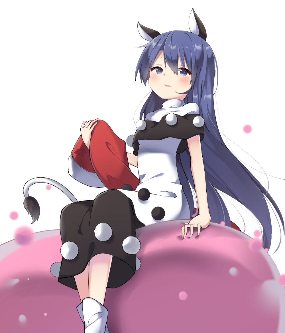 alternate_hair_length alternate_hairstyle amashi_(qcmrq906) animal_ears bad_id bad_pixiv_id black_dress blob blue_eyes blue_hair blush check_commentary commentary commentary_request doremy_sweet dress feet_out_of_frame hat hat_removed headwear_removed holding holding_hat long_hair looking_at_viewer multicolored multicolored_clothes multicolored_dress parted_lips santa_hat simple_background sitting smile socks solo tail tapir_ears tapir_tail touhou very_long_hair white_background white_dress white_legwear
