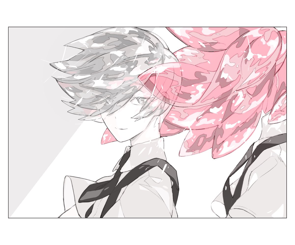 androgynous back-to-back colored_eyelashes eyebrows_visible_through_hair eyes_visible_through_hair gem_uniform_(houseki_no_kuni) goshenite_(houseki_no_kuni) grey_eyes grey_hair houseki_no_kuni jewelry_cats long_hair looking_at_viewer morganite_(houseki_no_kuni) multiple_others necktie out_of_frame pink_hair ponytail short_hair silver_eyes silver_hair smile sparkle suspenders upper_body
