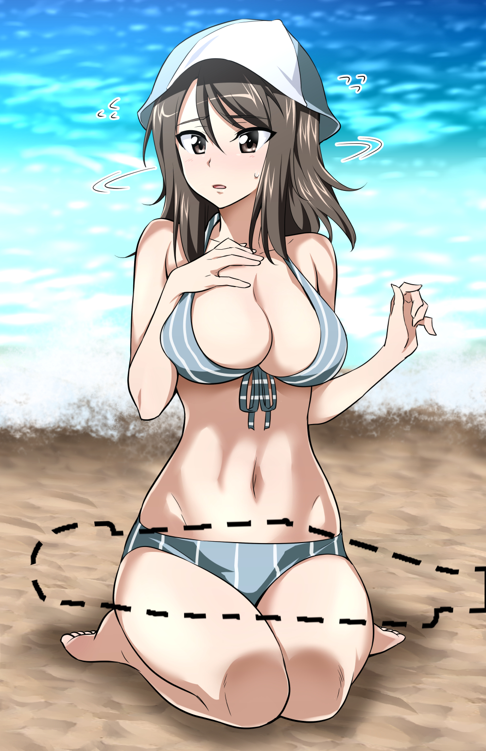 bangs barefoot beach bikini blue_bikini breasts cleavage commentary_request day flustered flying_sweatdrops front-tie_bikini front-tie_top full_body girls_und_panzer hand_on_own_chest highres light_frown long_hair mika_(girls_und_panzer) motion_lines nakahira_guy navel no_kantele ocean outdoors outline parted_lips seiza sitting solo striped sweatdrop swimsuit vertical-striped_bikini vertical_stripes