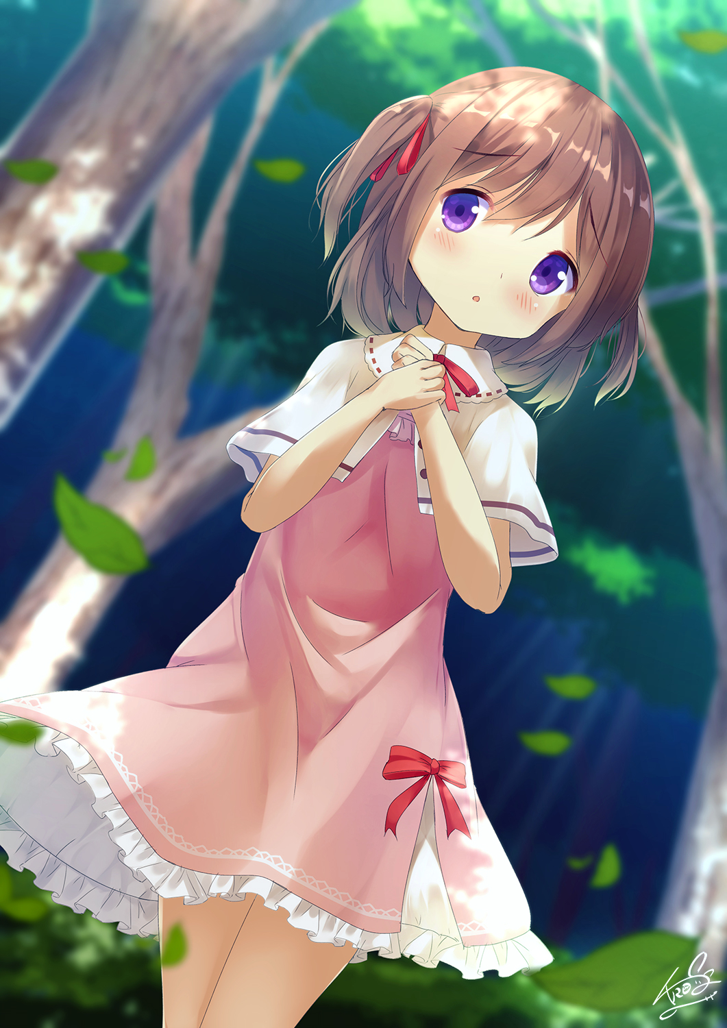 bangs blurry blurry_background blush brown_hair capelet chinomaron commentary day depth_of_field dress dutch_angle eyebrows_visible_through_hair flower_knight_girl forest hair_between_eyes hands_up highres leaf long_hair nature outdoors own_hands_together parted_lips pink_dress purple_eyes red_neckwear signature solo tree tsutsuji_(flower_knight_girl) two_side_up white_capelet
