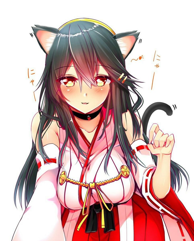 animal_ears bad_id bad_pixiv_id bare_shoulders black_hair blush breasts cat_ears choker collarbone commentary detached_sleeves hair_between_eyes hair_ornament hairband hairclip hakama_skirt haruna_(kantai_collection) headgear japanese_clothes jewelry kantai_collection large_breasts leaning_forward long_hair looking_at_viewer nontraditional_miko nose_blush orange_eyes parted_lips ribbon-trimmed_sleeves ribbon_trim smile solo tsukui_kachou white_background wide_sleeves
