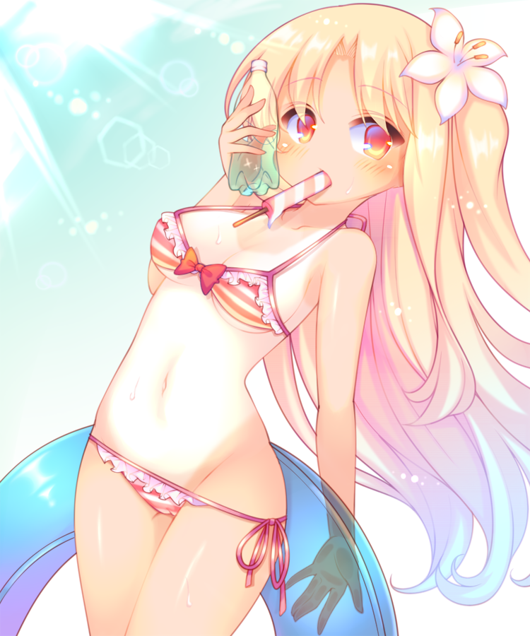 azur_lane bare_arms bare_shoulders bikini bikini_pull blonde_hair blue_hair blue_innertube blush bottle bow_bikini breasts cameltoe cleveland_(azur_lane) collarbone commentary_request day eyebrows_visible_through_hair flower food food_in_mouth gradient_hair groin hair_flower hair_ornament holding holding_bottle holding_innertube innertube leaning_back long_hair looking_at_viewer medium_breasts mouth_hold multicolored_hair navel one-piece_tan one_side_up outdoors parted_lips popsicle red_eyes sakurato_ototo_shizuku side-tie_bikini solo striped striped_bikini sunlight swimsuit tan tanline transparent very_long_hair water_bottle wet white_flower