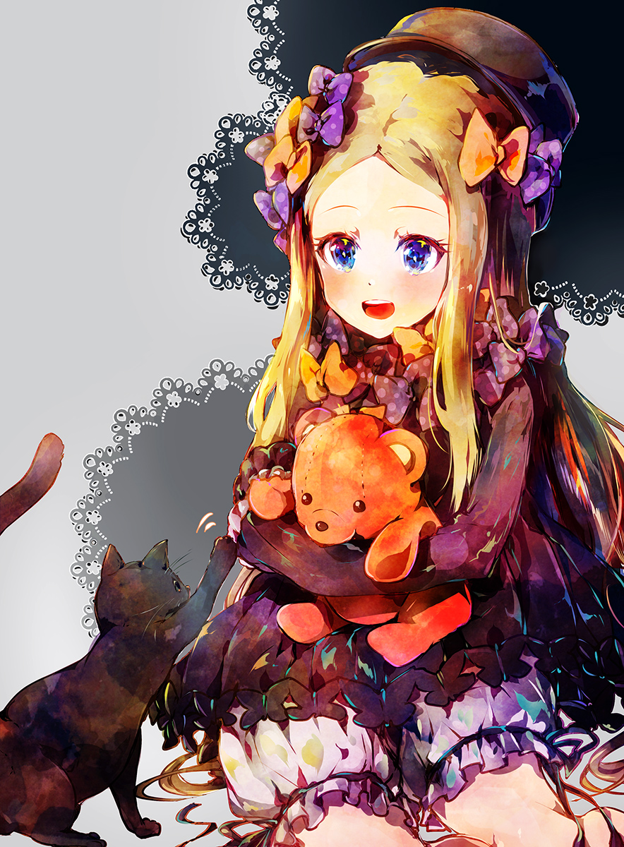 :d abigail_williams_(fate/grand_order) animal bangs black_bow black_cat black_dress black_hat blonde_hair bloomers blue_eyes blush bow bug butterfly cat commentary_request doily dress fate/grand_order fate_(series) forehead grey_background hair_bow hat highres insect kotohogi_funyanya~ long_hair long_sleeves looking_away object_hug open_mouth orange_bow parted_bangs polka_dot polka_dot_bow purple_bow round_teeth sitting sleeves_past_fingers sleeves_past_wrists smile solo stuffed_animal stuffed_toy teddy_bear teeth underwear upper_teeth very_long_hair white_bloomers