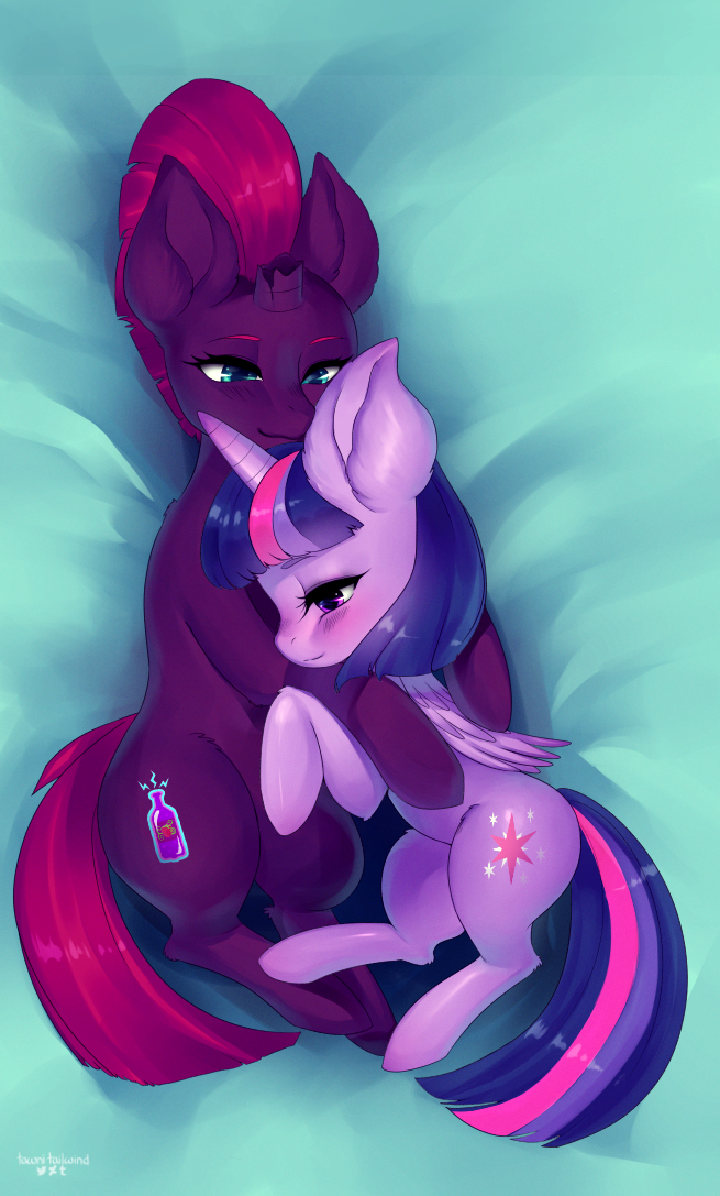 2018 bed blush broken_horn cuddling cute cutie_mark duo embrace equine eyebrows eyelashes feathered_wings feathers female female/female feral fizzlepop_berrytwist_(mlp) friendship_is_magic hair half-closed_eyes hooves horn lying mammal multicolored_hair my_little_pony my_little_pony_the_movie nude on_bed pink_hair purple_eyes purple_feathers smile tawni_tailwind teal_eyes tempest_shadow_(mlp) twilight_sparkle_(mlp) unicorn winged_unicorn wings