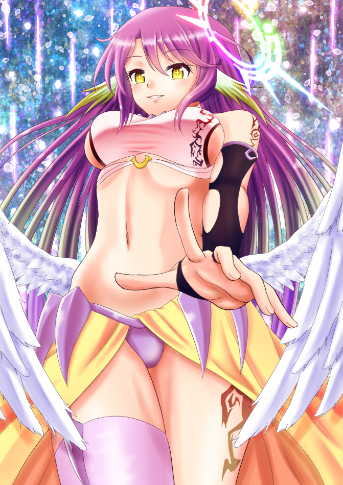 angel_wings breasts bridal_gauntlets commentary_request crop_top cross feathered_wings gloves gradient_hair grin halo jibril_(no_game_no_life) large_breasts long_hair low_wings magic_circle midriff mizunashi_hayate multicolored_hair navel no_game_no_life pink_hair sideboob smile solo symbol-shaped_pupils tattoo very_long_hair white_wings wing_ears wings yellow_eyes