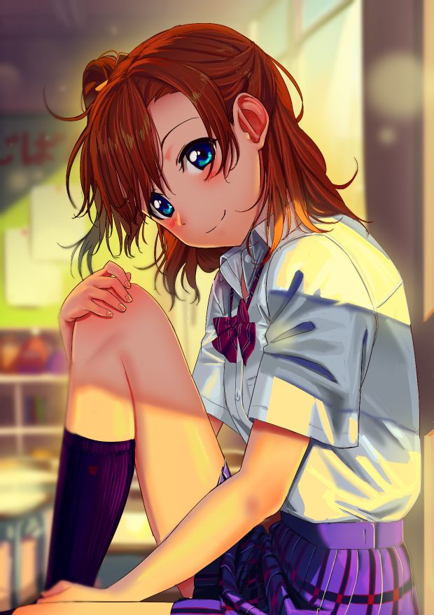 blue_eyes blurry blurry_background blush bow bowtie classroom closed_mouth collared_shirt commentary_request depth_of_field from_side indoors knee_up kousaka_honoka looking_at_viewer love_live! love_live!_school_idol_project one_side_up orange_hair poligon_(046) purple_legwear purple_skirt red_neckwear school_uniform shirt short_hair short_sleeves skirt smile socks solo white_shirt wing_collar
