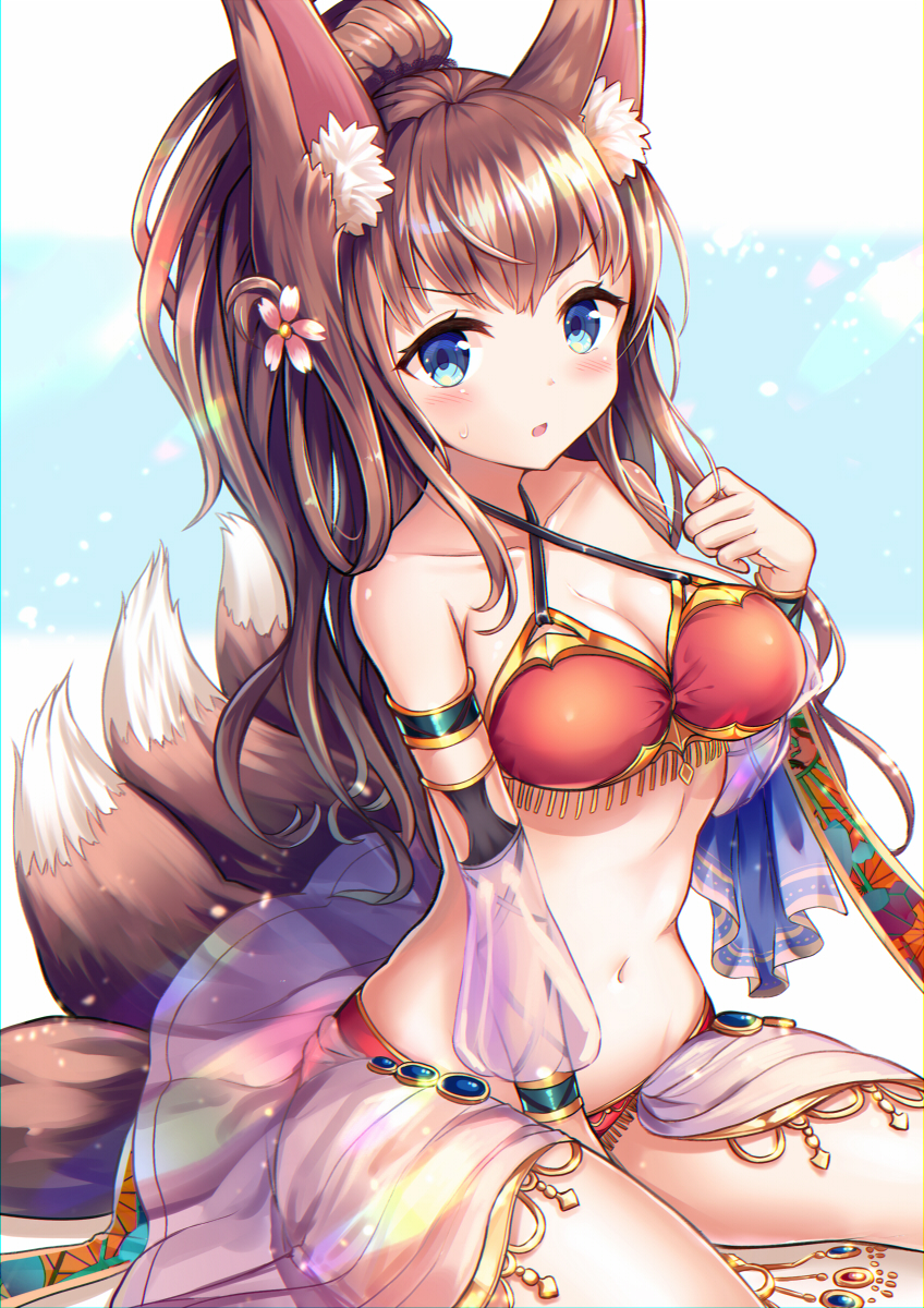animal_ears armlet bare_shoulders blue_eyes blush bracelet breasts brown_hair collarbone commentary_request detached_sleeves flower fox_ears fox_tail hair_flower hair_ornament hand_on_hip highres jewelry long_hair looking_at_viewer medium_breasts multiple_tails original ponytail sakura_ani see-through sitting solo stomach tail very_long_hair