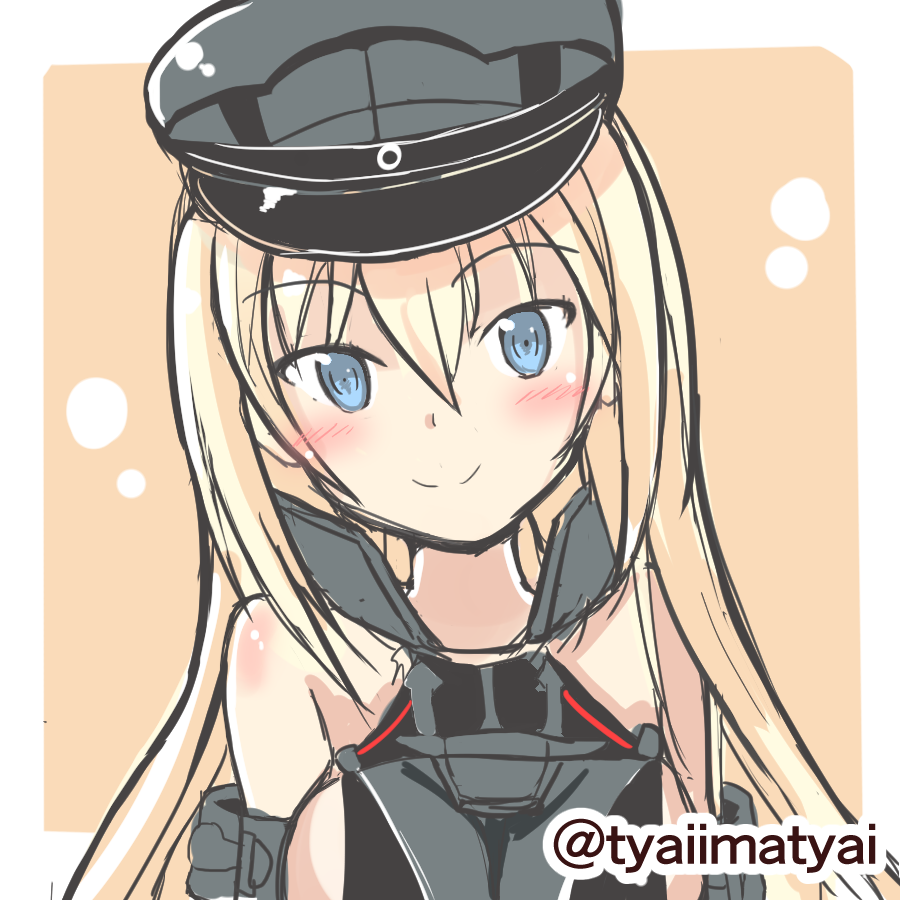 bare_shoulders bismarck_(kantai_collection) blonde_hair blue_eyes breasts commentary_request detached_sleeves hat imachai kantai_collection large_breasts long_hair military_hat peaked_cap sideboob sketch smile solo twitter_username
