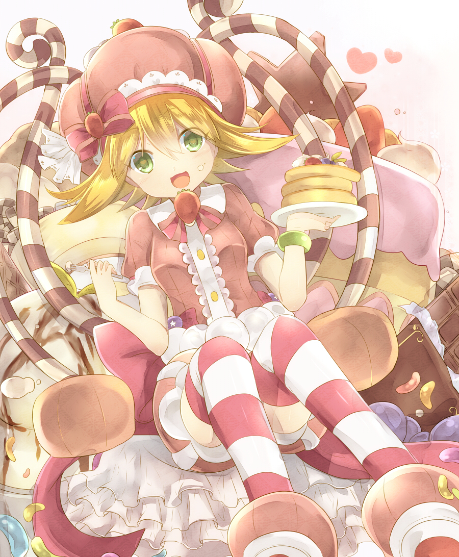 amitie_(puyopuyo) blonde_hair bow bracelet brown_dress cake candy candy_cane chocolate chocolate_bar commentary_request cream cream_on_face dress food food_on_face food_themed_hair_ornament fork frilled_dress frills fruit green_eyes hair_ornament hat heart heart-shaped_pupils heart_background holding holding_fork holding_plate jewelry looking_at_viewer open_mouth pancake pink_bow plate puffy_short_sleeves puffy_sleeves puyopuyo rento_(rukeai) short_hair short_sleeves sitting smile solo star strawberry strawberry_hair_ornament striped striped_legwear sweet_amitie symbol-shaped_pupils thighhighs white_background