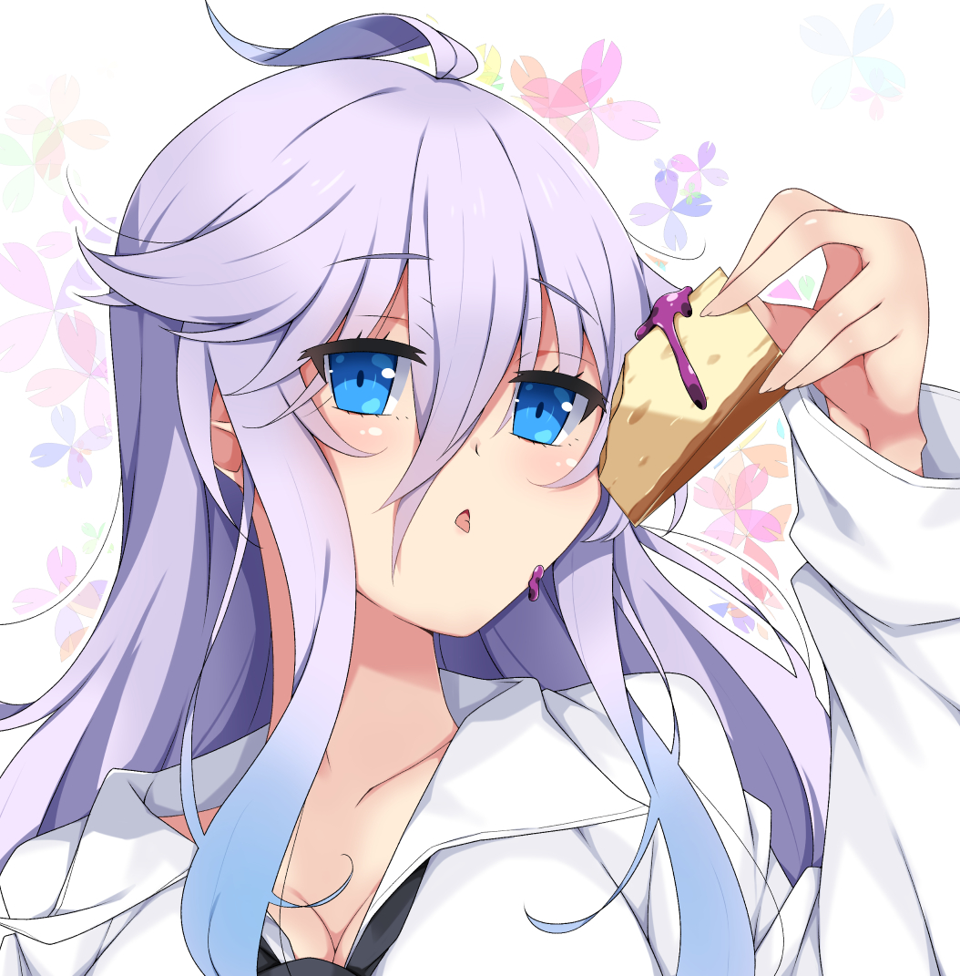 ahoge arm_up bangs black_neckwear blue_eyes blush breasts cleavage collarbone commentary eyebrows_visible_through_hair floral_print food food_on_face fuyou-chan hair_between_eyes holding holding_food long_sleeves looking_away medium_breasts milkpanda original parted_lips purple_hair shirt solo tongue tongue_out white_background white_shirt