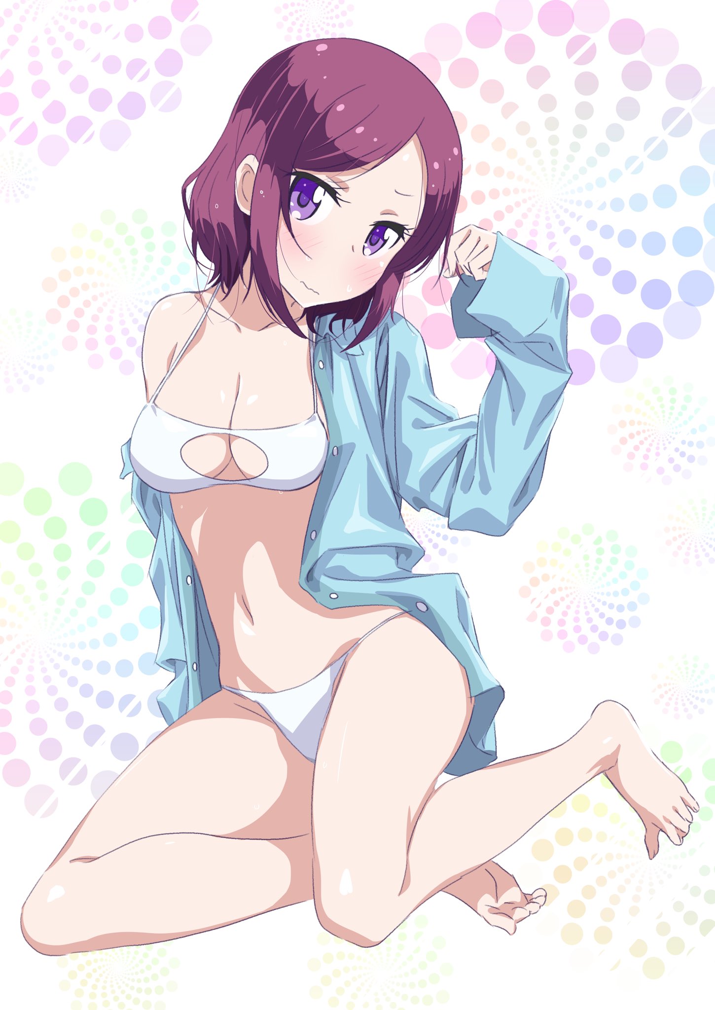 barefoot bikini blue_shirt blush breasts brown_hair cleavage cleavage_cutout collarbone dress_shirt embarrassed full_body head_tilt highres looking_at_viewer medium_breasts navel new_game! open_clothes open_shirt pink_x purple_eyes shiny shiny_skin shirt short_hair sitting sketch solo swimsuit tooyama_rin white_bikini