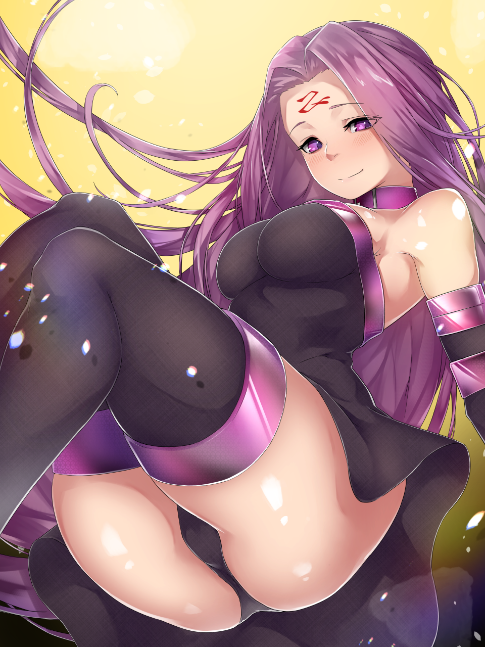 arm_warmers ass black_legwear black_panties blush boots breasts closed_mouth collar elbow_gloves facial_mark fate/stay_night fate_(series) forehead_mark gloves highres karan large_breasts light_smile long_hair panties purple_hair rider sleeveless solo thigh_boots thighhighs underwear very_long_hair