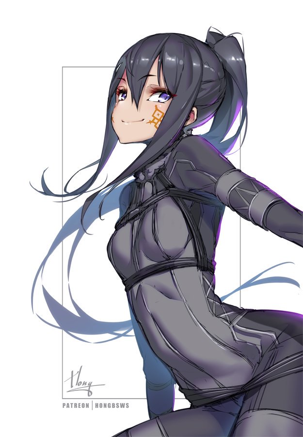 arched_back artist_name black_bodysuit black_hair bodysuit breasts commentary_request contrapposto cowboy_shot eyebrows_visible_through_hair hair_between_eyes hong_(white_spider) long_hair outside_border pitohui_(sao) ponytail purple_eyes sidelocks simple_background small_breasts smile solo standing sword_art_online sword_art_online_alternative:_gun_gale_online tattoo tsurime very_long_hair white_background