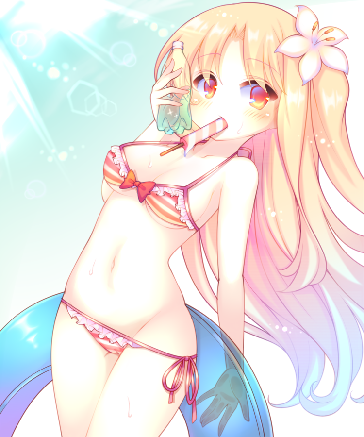 azur_lane bare_arms bare_shoulders bikini bikini_pull blonde_hair blue_innertube blush bottle bow_bikini breasts cameltoe cleveland_(azur_lane) collarbone commentary_request day eyebrows_visible_through_hair flower food food_in_mouth gradient_hair groin hair_flower hair_ornament holding holding_bottle holding_innertube innertube leaning_back long_hair looking_at_viewer medium_breasts mouth_hold multicolored_hair navel one_side_up outdoors parted_lips popsicle red_eyes sakurato_ototo_shizuku side-tie_bikini solo striped striped_bikini sunlight swimsuit transparent very_long_hair water_bottle wet white_flower