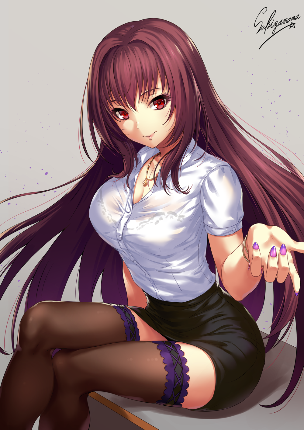 artist_name black_skirt blouse bracelet breasts cleavage collarbone collared_blouse commentary crossed_legs fate/grand_order fate_(series) grey_background hair_intakes highres jewelry large_breasts lips long_hair looking_at_viewer nail_polish necklace office_lady pencil_skirt purple_hair purple_nails red_eyes sakiyamama scathach_(fate)_(all) scathach_(fate/grand_order) short_sleeves simple_background sitting skirt smile solo thighhighs very_long_hair white_blouse