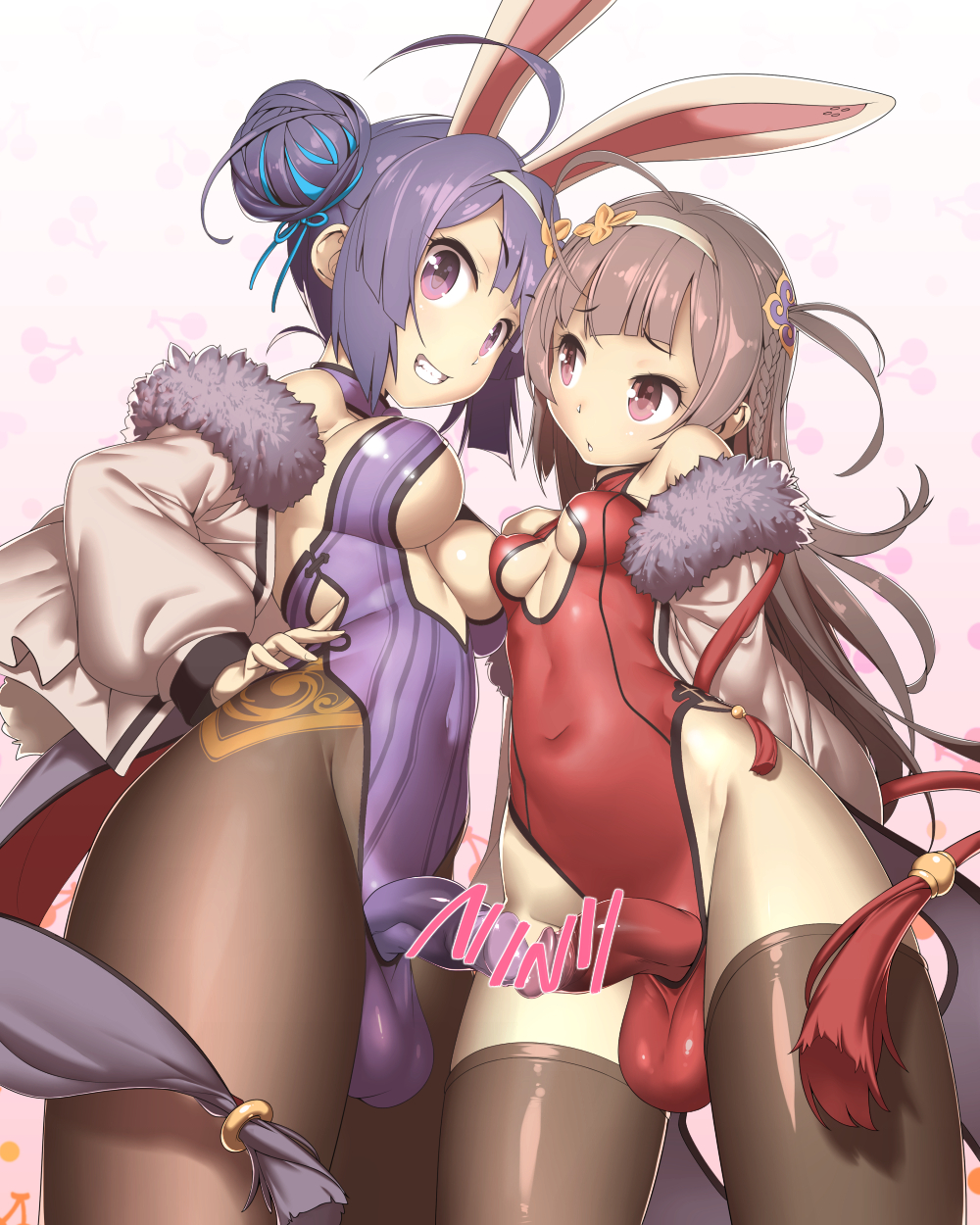 ahoge animal_ears aqua_ribbon azur_lane bangs bare_shoulders black_legwear breasts brown_hair bunny_ears censored chestnut_mouth cleavage_cutout commentary_request covered_navel covered_nipples cowboy_shot dot_nose double_bun eyebrows_visible_through_hair fingernails flaccid from_below fur-trimmed_jacket fur_trim furrowed_eyebrows futanari grin groin hair_ornament hair_ribbon hairband hand_on_hip head_tilt highleg highleg_leotard highres huge_ahoge jacket large_penis large_testicles leotard long_hair long_sleeves looking_at_another looking_at_viewer medium_breasts multiple_girls multiple_penises ning_hai_(azur_lane) open_mouth pantyhose parted_bangs penis penises_touching ping_hai_(azur_lane) pink_background puffy_long_sleeves puffy_sleeves purple_eyes purple_leotard red_leotard ribbon shiny shiny_clothes shiny_hair short_eyebrows short_hair side_cutout sideboob skin_tight small_breasts smile standing striped_leotard tassel teeth testicles thighhighs tomoyuki_kotani underboob v-shaped_eyebrows wet_spot white_hairband white_jacket
