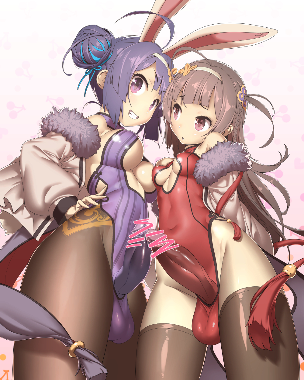 ahoge animal_ears aqua_ribbon azur_lane bangs bare_shoulders black_legwear breasts brown_hair bunny_ears censored chestnut_mouth cleavage_cutout commentary_request covered_navel covered_nipples cowboy_shot dot_nose double_bun erection eyebrows_visible_through_hair fingernails from_below fur-trimmed_jacket fur_trim furrowed_eyebrows futanari grin groin hair_ornament hair_ribbon hairband hand_on_hip head_tilt highleg highleg_leotard highres huge_ahoge jacket large_penis large_testicles leotard long_hair long_sleeves looking_at_another looking_at_viewer medium_breasts multiple_girls multiple_penises ning_hai_(azur_lane) open_mouth pantyhose parted_bangs penis penises_touching ping_hai_(azur_lane) pink_background puffy_long_sleeves puffy_sleeves purple_eyes purple_leotard red_leotard ribbon shiny shiny_clothes shiny_hair short_eyebrows short_hair side_cutout sideboob skin_tight small_breasts smile standing striped_leotard tassel teeth testicles thighhighs tomoyuki_kotani underboob v-shaped_eyebrows wet_spot white_hairband white_jacket