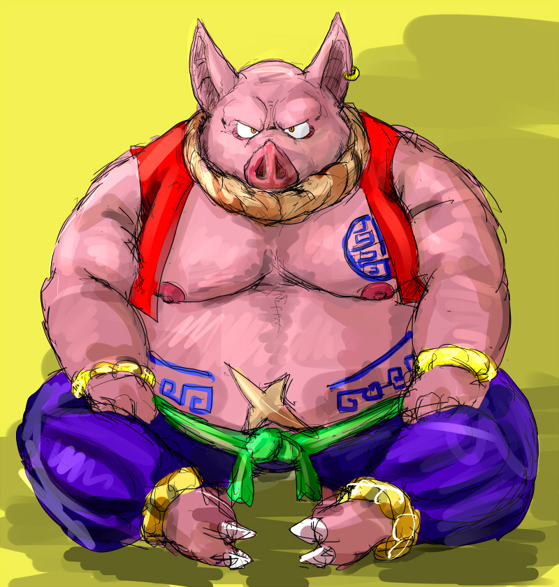 2015 barazoku bracelet clothed clothing ear_piercing facing_viewer jewelry kemono kotobuki male mammal muscular obese open_shirt overweight partially_clothed piercing pig porcine simple_background sitting solo tattoo