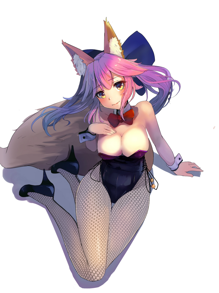 animal_ear_fluff animal_ears bangs bare_shoulders blush bow bowtie breasts cleavage detached_collar fate/extra fate_(series) fishnet_pantyhose fishnets fox_ears fox_tail hair_between_eyes hair_bow hand_on_own_chest high_heels hips large_breasts legs leotard looking_at_viewer pantyhose pink_hair sidelocks simple_background sitting smile solo strapless strapless_leotard sunga2usagi tail tamamo_(fate)_(all) tamamo_no_mae_(fate) thighs twintails wrist_cuffs yellow_eyes