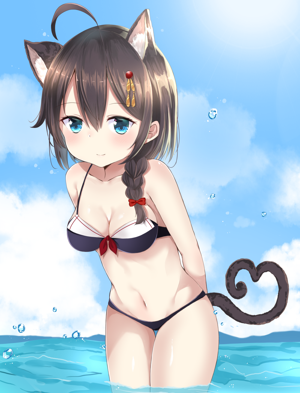 ahoge animal_ears bangs bare_arms bare_shoulders bikini black_bikini blue_eyes blue_sky blush bow braid breasts brown_hair cat_ears cat_girl cat_tail cleavage closed_mouth cloud collarbone commentary_request day eyebrows_visible_through_hair hair_between_eyes hair_bow hair_ornament heart heart_tail highres kantai_collection kemonomimi_mode leaning_forward long_hair medium_breasts navel noeru_(gt17854) ocean outdoors red_bow remodel_(kantai_collection) shigure_(kantai_collection) side_braid single_braid sky smile solo swimsuit tail wading water water_drop