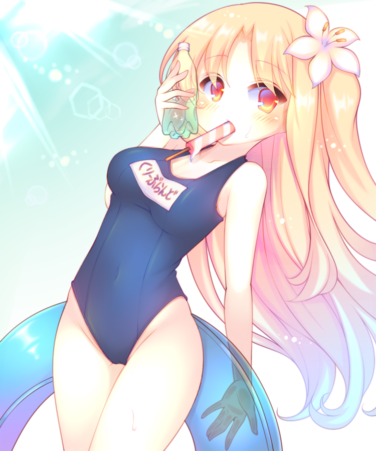 azur_lane bangs blonde_hair blue_hair blue_innertube blue_swimsuit blush bottle breasts cleveland_(azur_lane) collarbone covered_navel eyebrows_visible_through_hair flower food food_in_mouth gradient_hair groin hair_flower hair_ornament highleg highleg_swimsuit holding holding_bottle holding_innertube innertube long_hair looking_at_viewer medium_breasts mouth_hold multicolored_hair name_tag new_school_swimsuit one-piece_swimsuit one_side_up parted_bangs popsicle red_eyes sakurato_ototo_shizuku school_swimsuit solo swimsuit transparent very_long_hair water_bottle wet white_flower