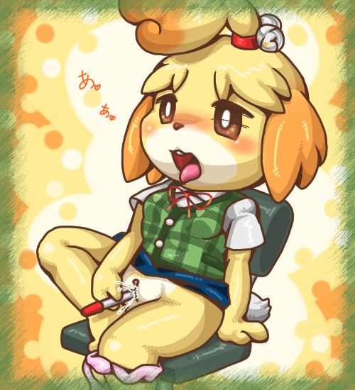 &lt;3 2015 animal_crossing blush box_xod isabelle_(animal_crossing) japanese_text nintendo open_mouth pen pussy text tongue video_games