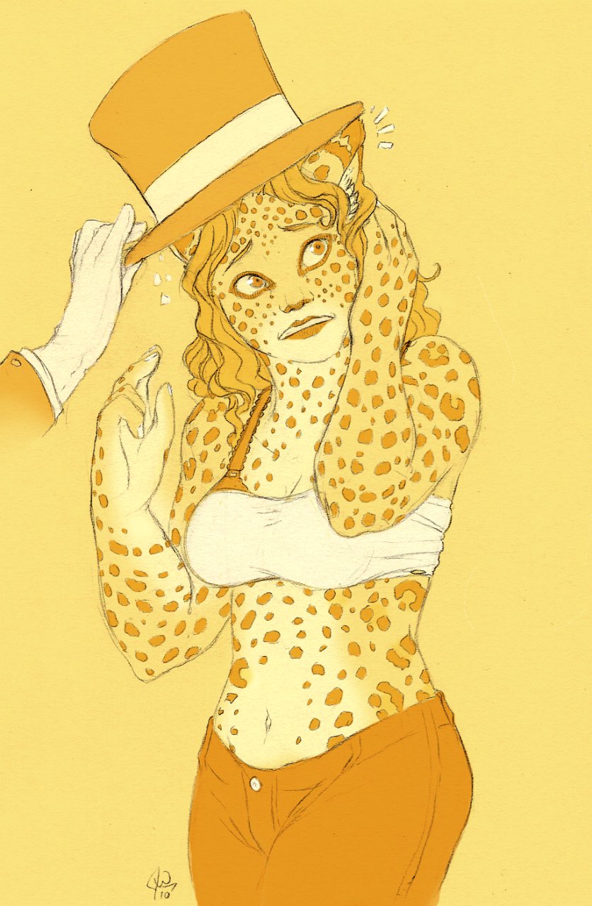 2010 amber-aria ambiguous_gender anthro bra breasts clothed clothing comic duo feline female hair hat human_to_anthro leopard long_hair mammal monochrome navel pants simple_background standing surprise top_hat transformation underwear yellow_background
