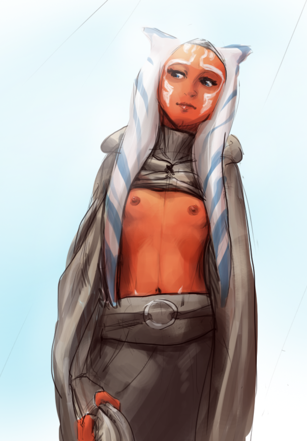 ahsoka_tano alien areola blue_background blue_eyes breasts clothed clothing facial_markings female front_view head_tails humanoid looking_away markings navel nipples not_furry orange_skin partially_clothed portrait raised_shirt red_nipples simple_background small_breasts solo standing star_wars three-quarter_portrait togruta tourbillon